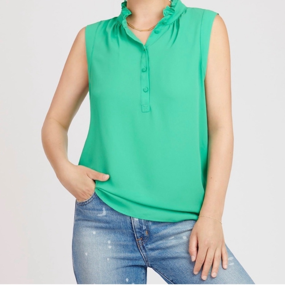 J. Crew Green Ruffle Neck Sleeveless Blouse Size 12